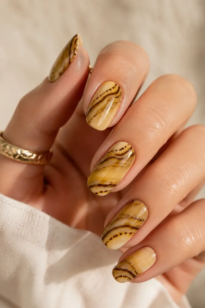 Coffin nails with a soft yellow marble base: pale cream swirls into lemon yellow. Brown polka dots form thin vein-like lines that follow the marble swirls. The nails are glossy.