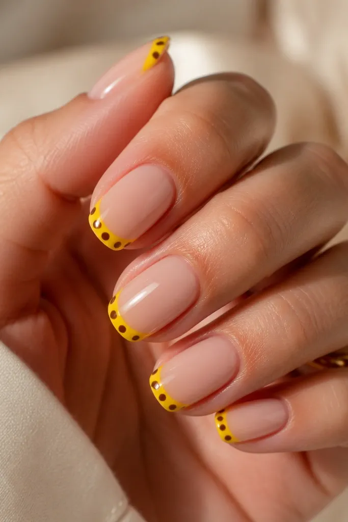Nude base nails with a glossy yellow tip band. The yellow tip has brown dots scattered across it, with a lighter density near the center and more dots toward the outer edges. The overall finish is shiny.