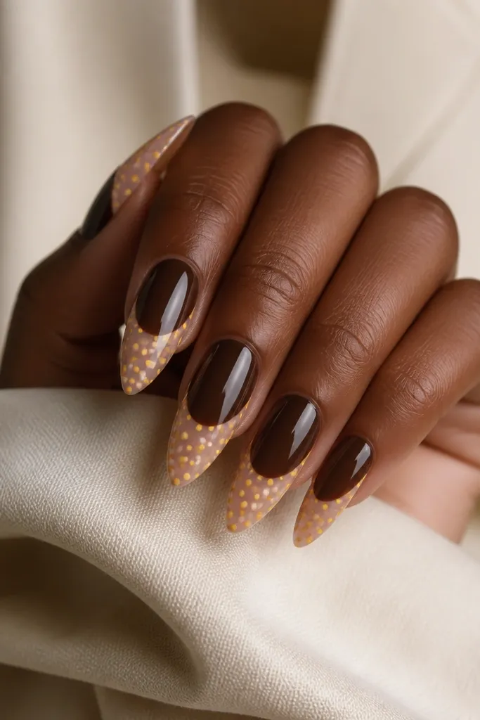 Long almond nails with an espresso-brown base. The tips are a sheer nude, and the nude tips are covered in tiny yellow polka dots. The nails have a glossy top coat.