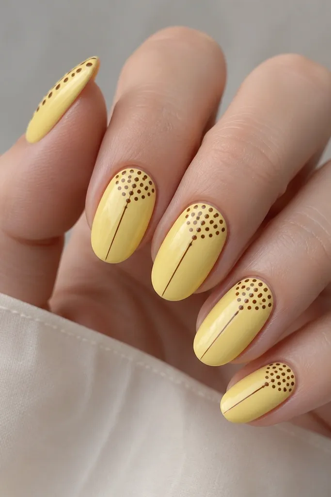 Medium oval nails in butter yellow. Each nail has espresso-brown polka dots clustered near the cuticle and a thin vertical micro stripe in brown running down the center of the nail. Glossy finish.