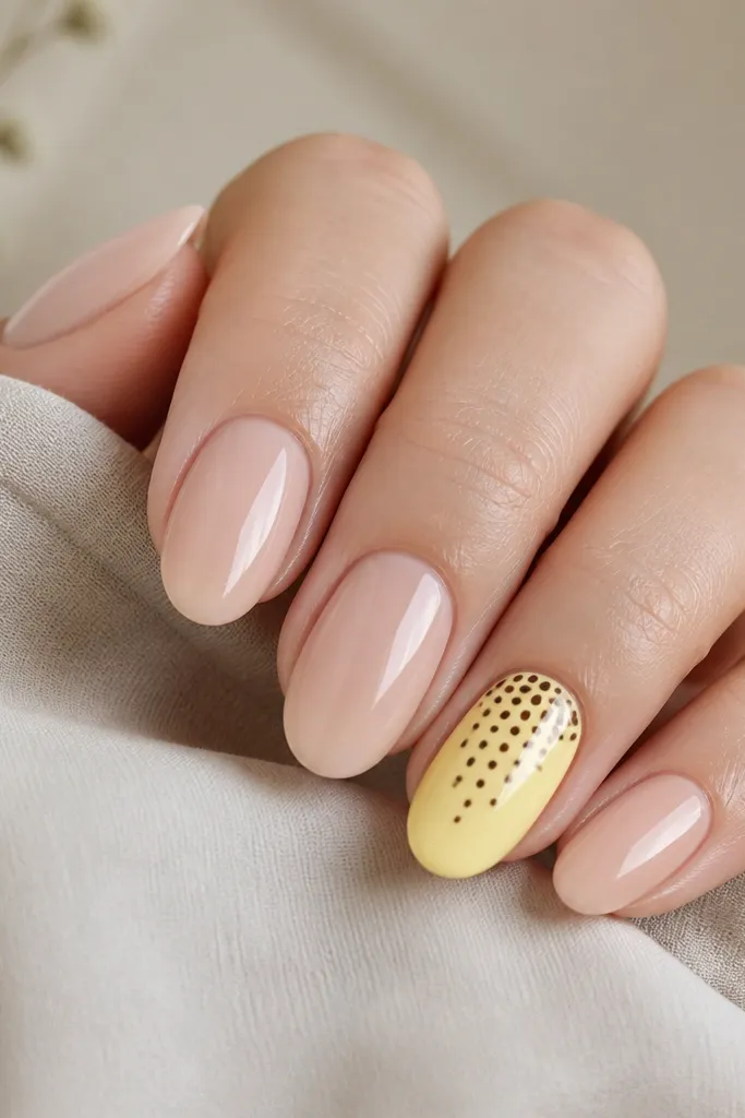 Nails with a nude base. Four nails are plain nude with glossy finish. One accent nail is painted butter yellow and has a brown dotted "waterfall" that starts near the cuticle and cascades down in a diagonal pattern. Dots look like they're falling.