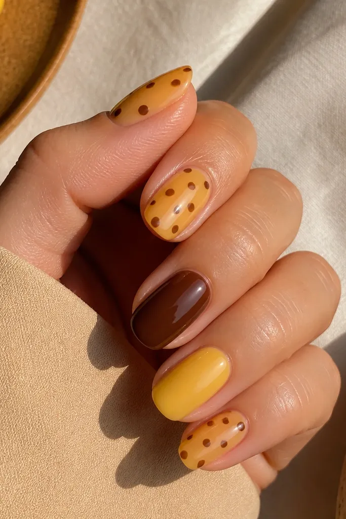 Half of the nails are sheer yellow with scattered brown dots. One nail is fully solid chocolate brown with no dots. Another nail is fully solid yellow with no dots. Glossy finish throughout.