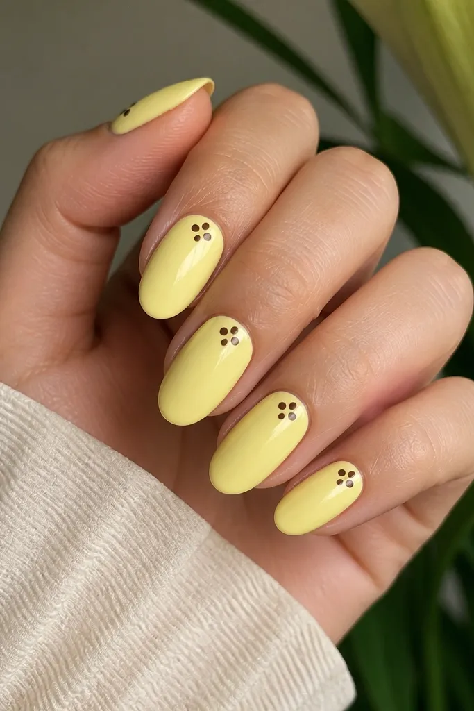 Nails painted pale butter yellow. Near the cuticle, each nail has two espresso-brown dots that form a "star" shape, plus a tiny third dot slightly off-center. The rest of the nail is clean and glossy.