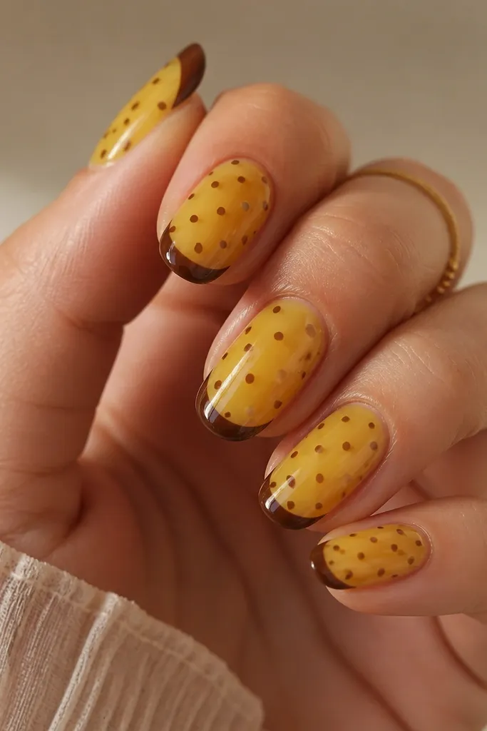 Short square nails with a sheer yellow base. Thin espresso-brown tips are painted as a small curved band. Over the sheer base, there are sparse brown polka dots, mostly concentrated near the tip and fading upward. Glossy finish.