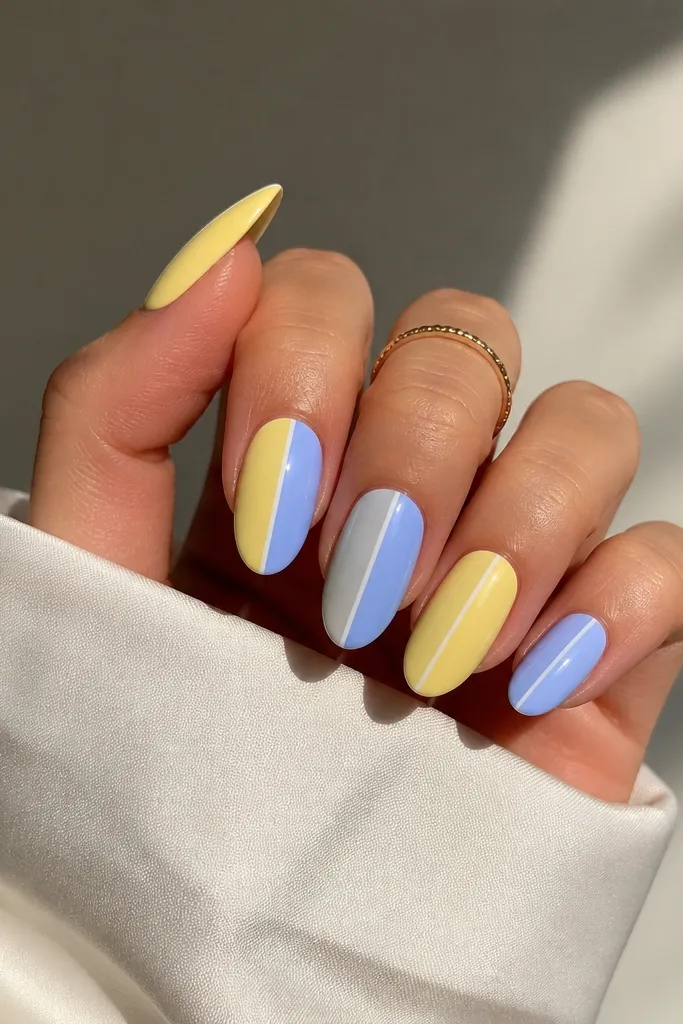 A full set where alternating nails are butter yellow and light periwinkle blue, and each nail has one crisp vertical white line splitting the color into two sections. Clean glossy finish.