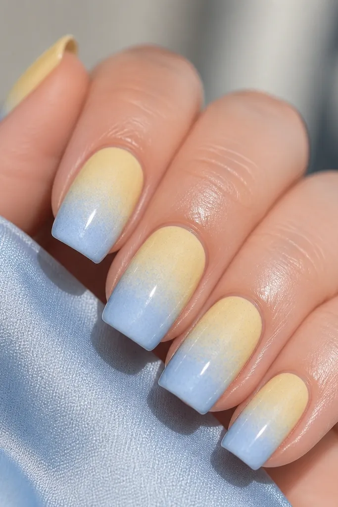 Close-up of nails with a soft gradient where butter yellow fades smoothly into light blue from the cuticle area toward the free edge. Slight speckled texture from sponge blending, glossy top coat.