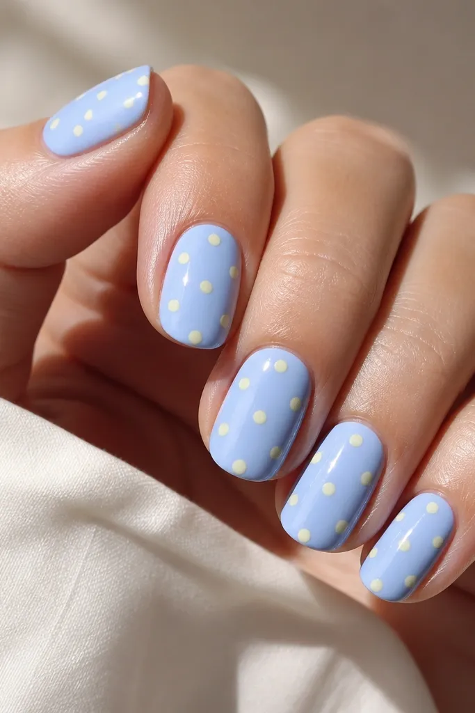 Nails painted light sky-periwinkle with small butter-yellow dots scattered evenly, some dots near the edges and a few near the center. Glossy finish.