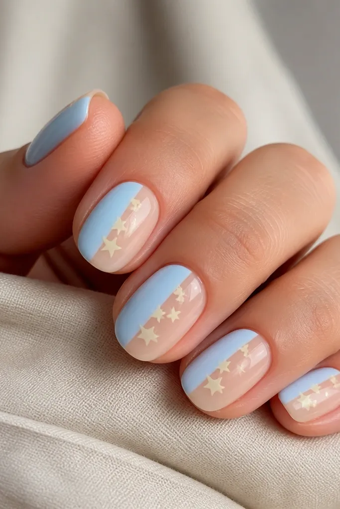 Half the nail is light blue, the other half is glossy sheer nude with tiny butter-yellow star shapes clustered near the center. Stars have sharp edges.