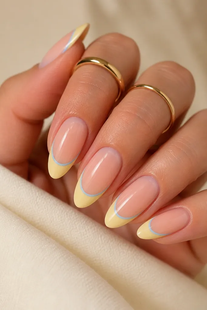 Classic French tips where the tips are butter yellow, and a thin light blue line runs along the very edge of the yellow tip. Glossy finish.