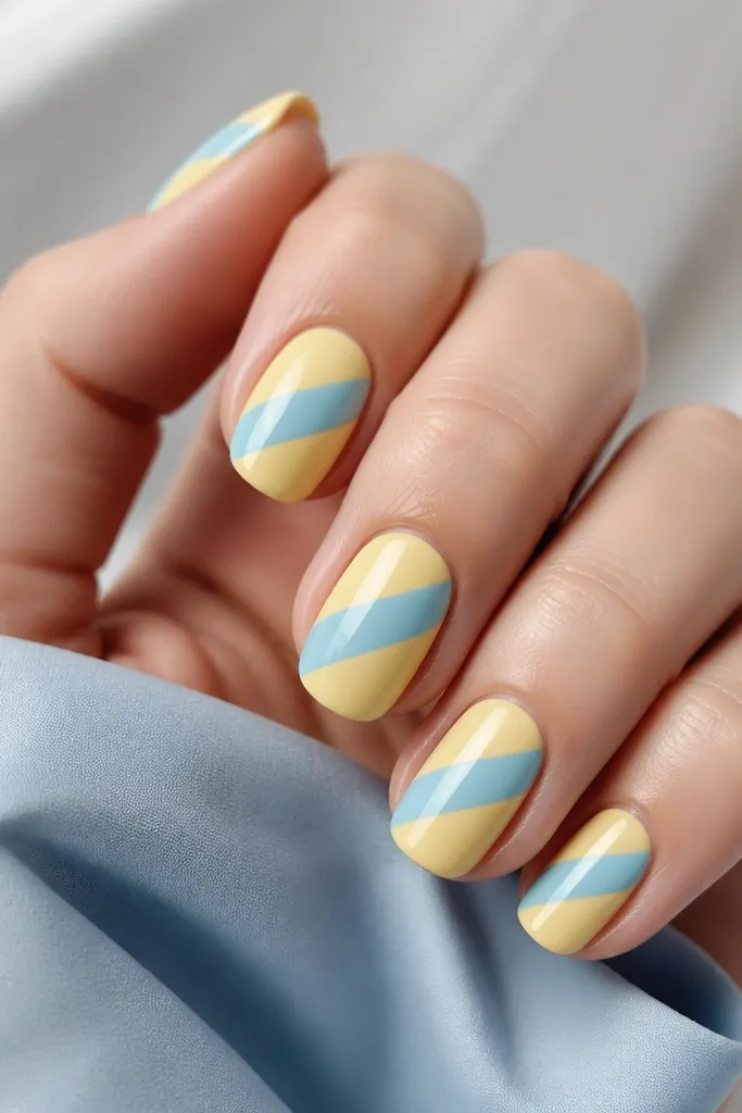 Nails with butter-yellow base and a diagonal light blue stripe across each nail, created by diagonal tape, with crisp edges. Glossy finish.