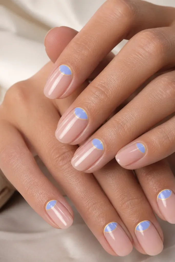 A set where the cuticle area is periwinkle light blue, surrounded by a thin butter-yellow outline arc, with the rest of the nail in sheer nude. Glossy.