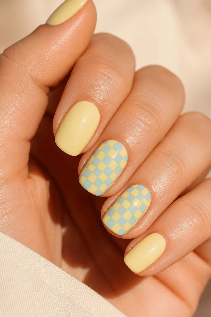 Two accent nails show a small checker pattern in butter yellow and light blue squares, while other nails are solid glossy light blue. Clean, even square sizes.