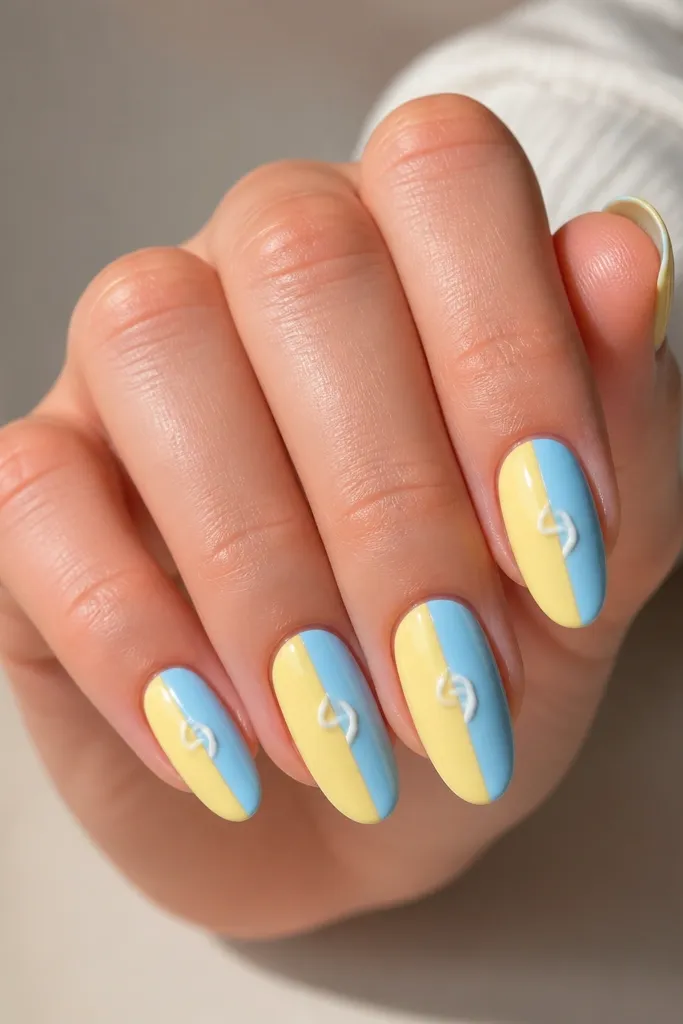 Nails split down the middle: left side butter yellow, right side light blue. Near the center there is a small glossy swirl/knot detail in white. Glossy overall.
