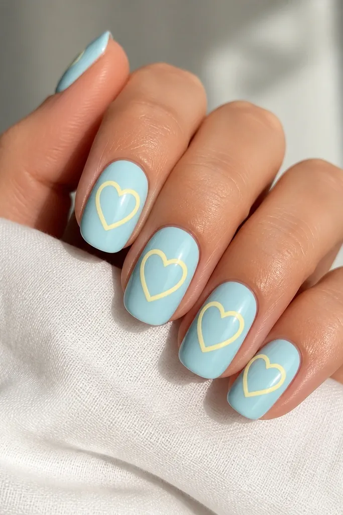 Nails with light blue on the base and a clear negative space heart outline in butter yellow, with no fill, centered on each nail. Glossy.