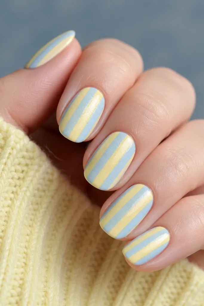 Alternate vertical stripes in butter yellow and light blue on some nails, with a very fine clear micro-glitter top coat that catches light. Glossy.