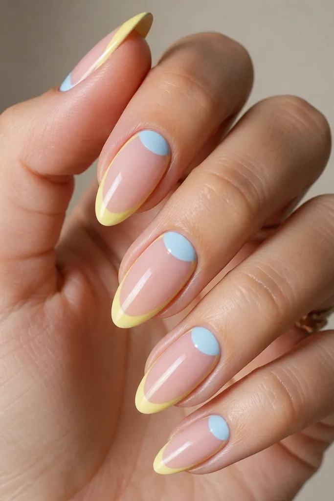Nails with a sheer nude base. Tips are light blue shaped like half-moons, and a thin butter-yellow outline hugs the outer curve of the half-moon. Glossy.